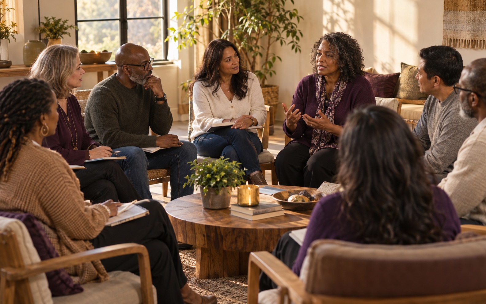 A diverse group of adults sharing in a warm, facilitated community reflection circle