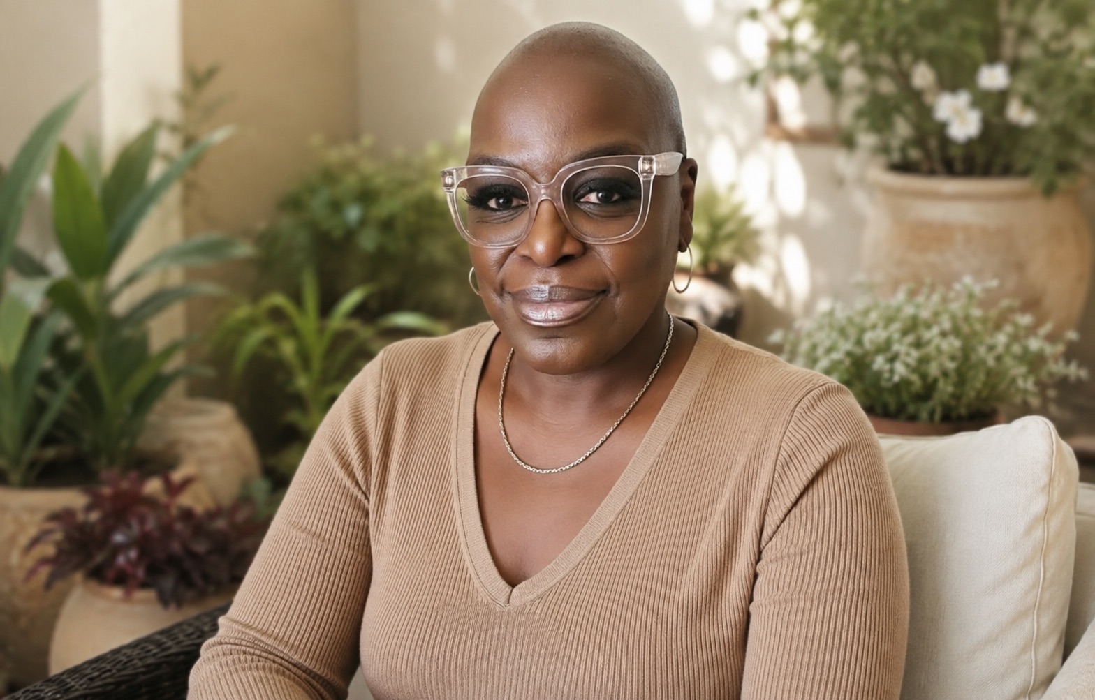Beverly Sellers-Robinson, founder of Integrity of Heart, seated in a garden setting
