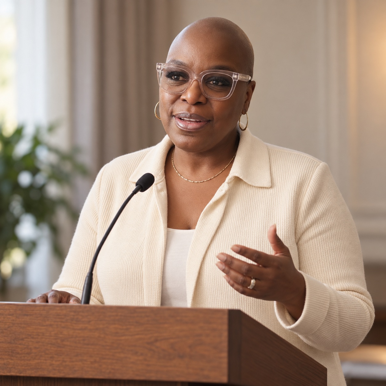 AI-created image of Beverly Sellers-Robinson speaking at a wooden lectern, wearing clear glasses and a cream jacket