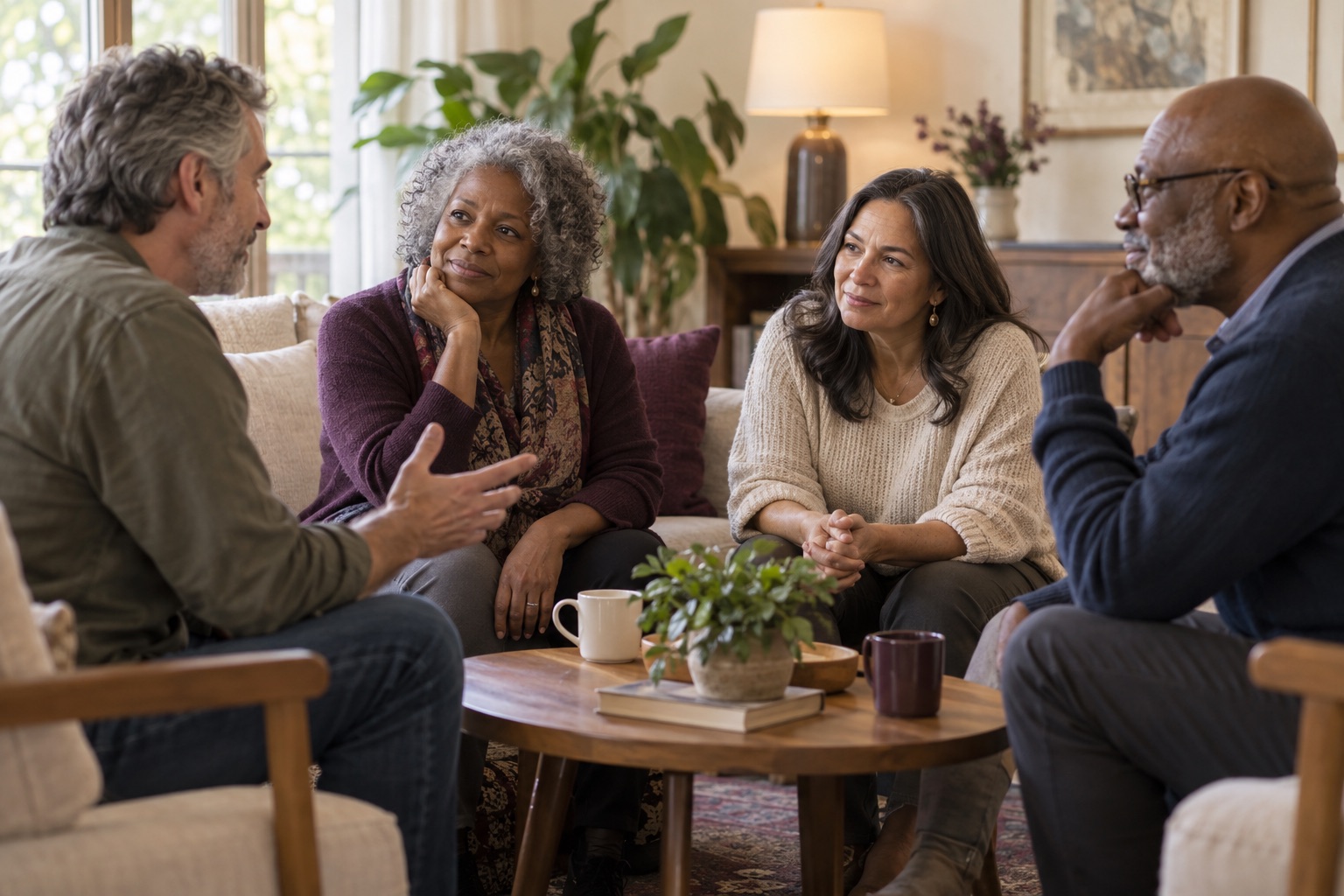 AI-created scene of four adults sharing a thoughtful conversation in a welcoming room