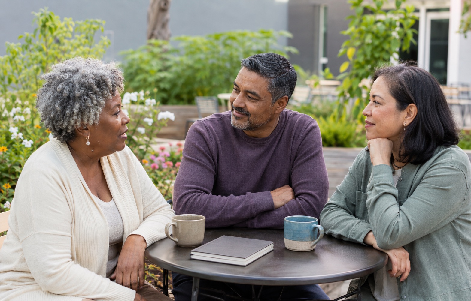 Adults sharing a relaxed conversation at an outdoor table in a garden setting